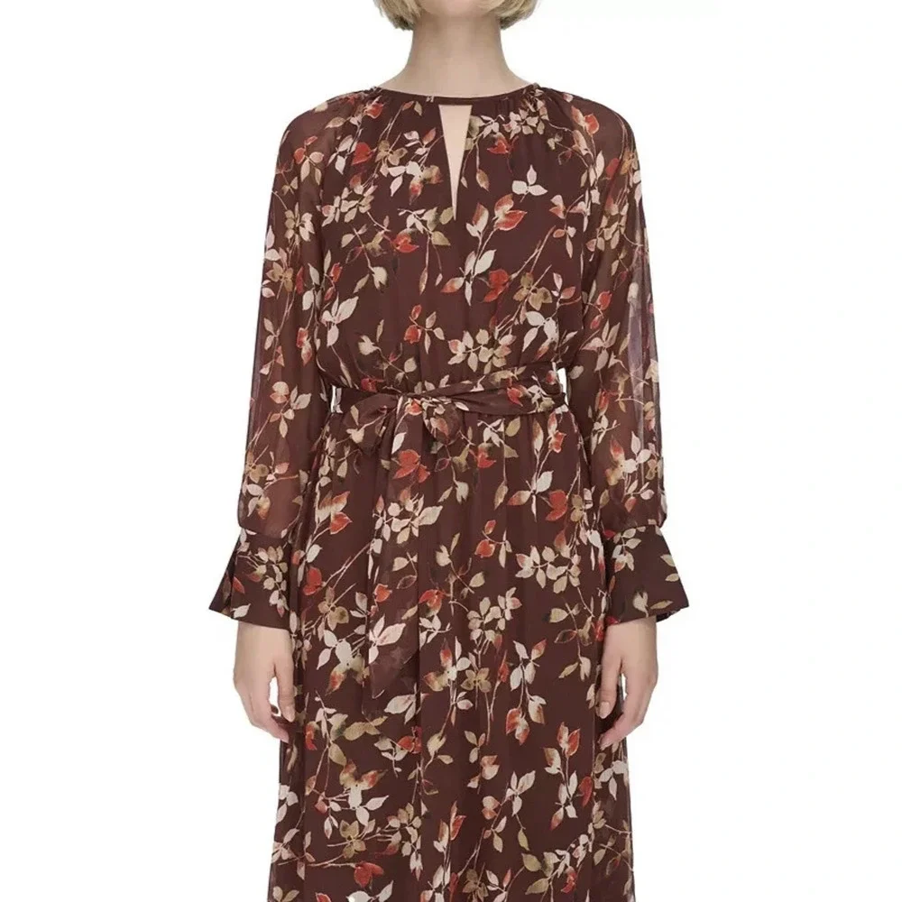 NWT Calvin Klein Floral Keyhole Maxi Dress Size 14 Burgundy Boho Peasant Folk - Picture 2 of 12
